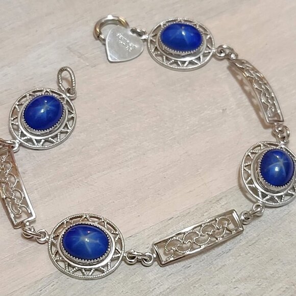 14KT GF bracelet, white gold filled GF with blue stone cabachons, filigree detai - Picture 4 of 4